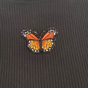 Black Ribbed Top with Butterfly Embroidery